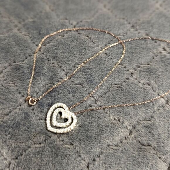 Vintage Sterling Silver & Cubic Zirconia Double Heart Necklace - Picture 14 of 15